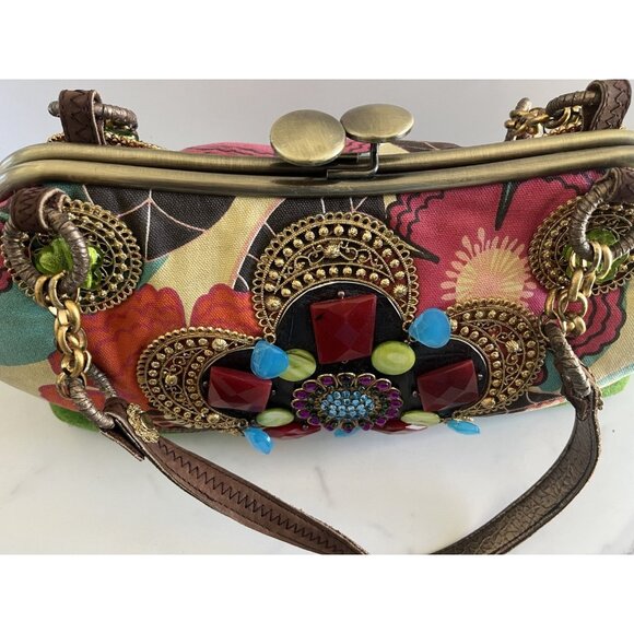 Vtg Mary Frances Handcrafted Embellished Satchel Purse With Faux Gemstones & Flo - Picture 10 of 16
